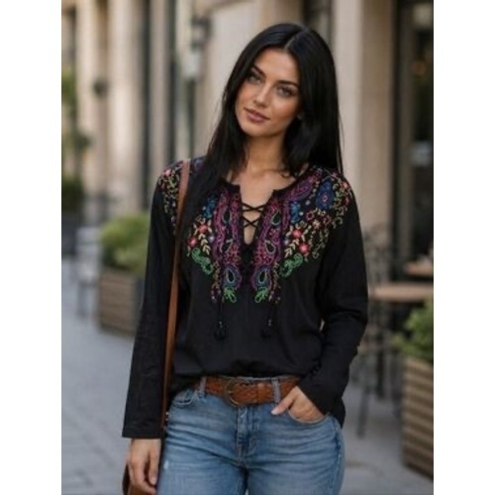 Together! Black Embroidered Lace Up Boho Blouse Long Sleeve Floral Top Medium